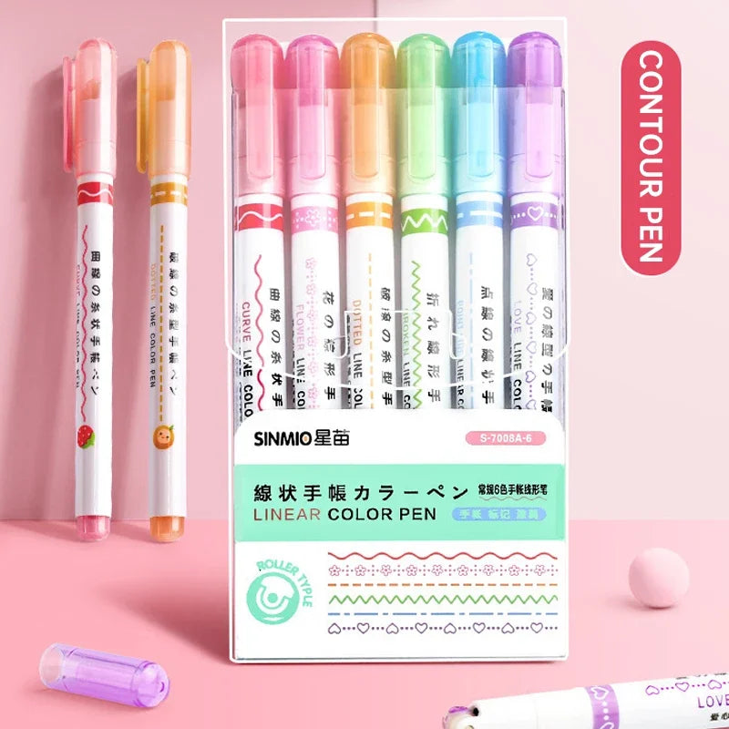 6Pcs/Set Flower Shape Outline Pens Highlighter Marker Curve Roller Tip Pen Cute Stationery Kawaii Graffiti School Acsesories