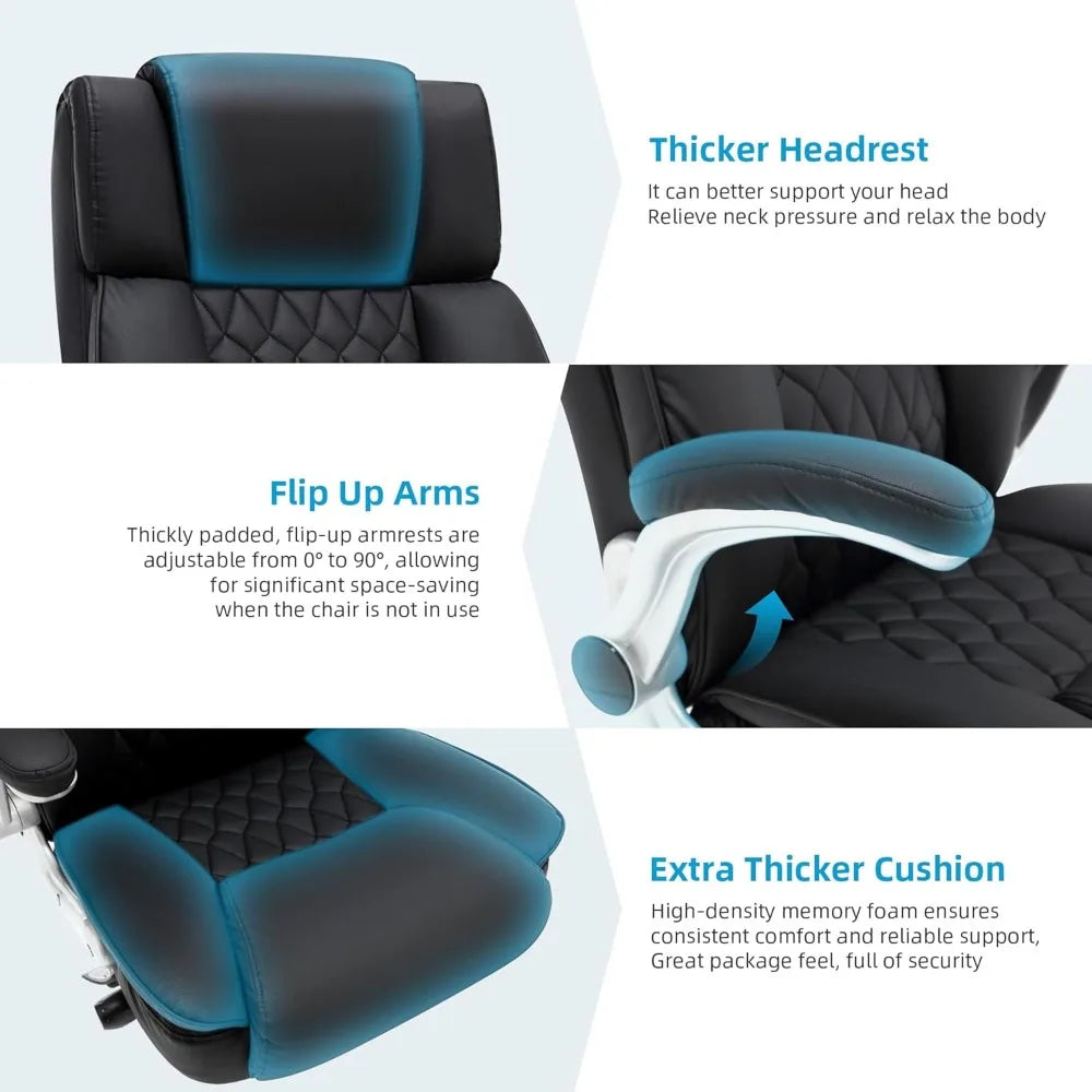 High Back Office Chair with Locking Wheels, Flip Arms Adjustable Lumbar Support, Ergonomic Synthetic Leather Computer Chair