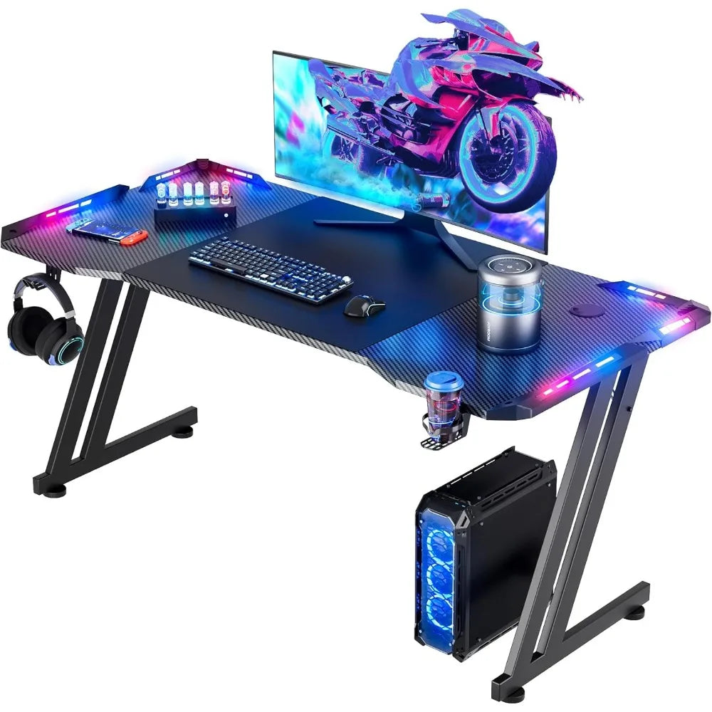 63 Inch Gaming Desk with LED Lights Carbon Fibre Surface Gaming Table Large Computer Desk Ergonomic Home Office Desks Z