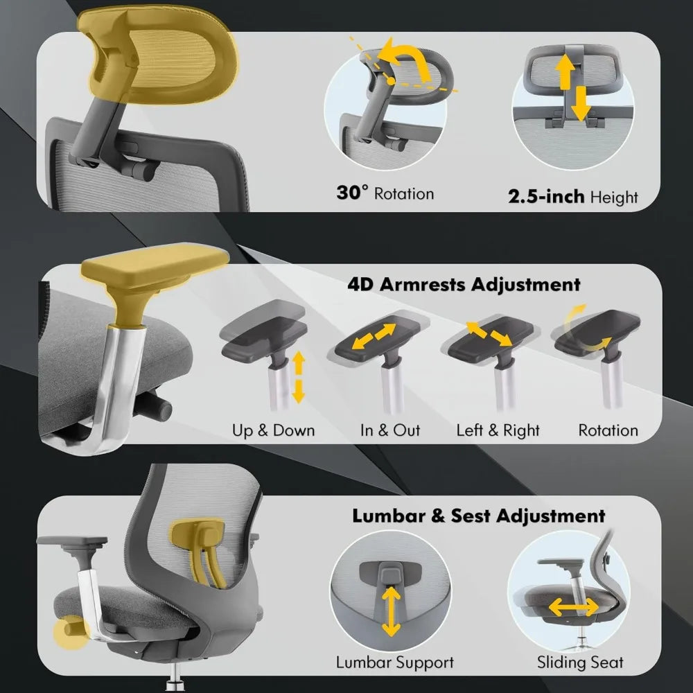 Ergonomic Mesh Office Chair, High Back Executive Desk Chair with Adjustable Headrest, 4D Arm, Slide Seat, Tilt Lock