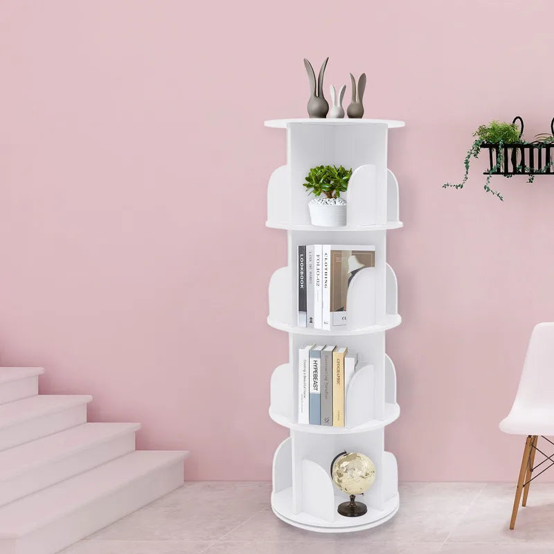 Wood White 4-layer Rotating Bookshelf Storage Display Rack Children Bookcases Bedroom Decoration Corner Shelf