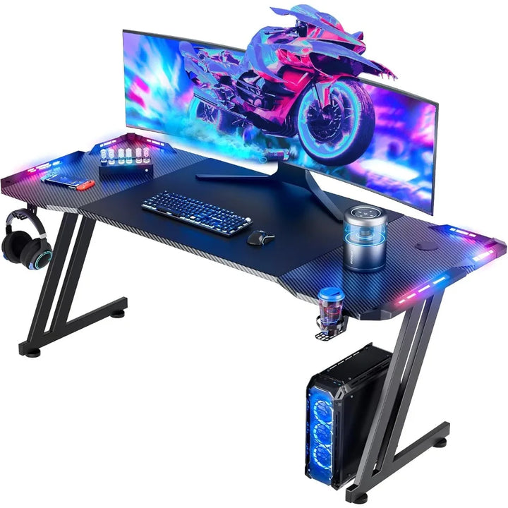 63 Inch Gaming Desk with LED Lights Carbon Fibre Surface Gaming Table Large Computer Desk Ergonomic Home Office Desks Z