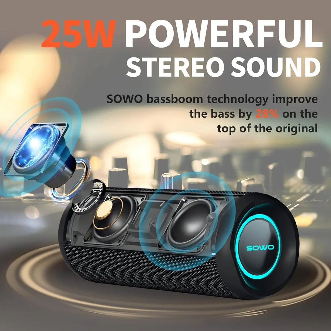 Wireless Portable Speaker,IPX7 Waterproof Bluetooth Speaker, 25W Loud Stereo Sound, Bassboom Technology, TWS Pairing