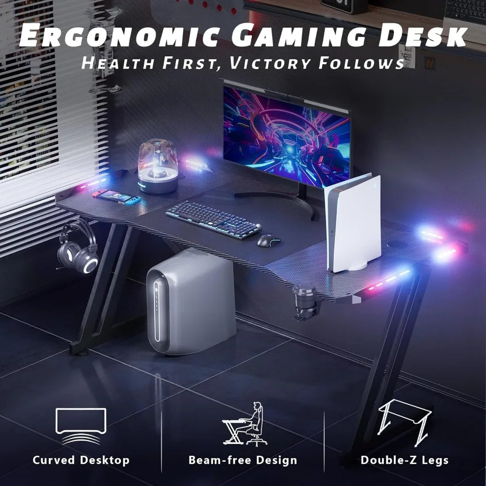 63 Inch Gaming Desk with LED Lights Carbon Fibre Surface Gaming Table Large Computer Desk Ergonomic Home Office Desks Z