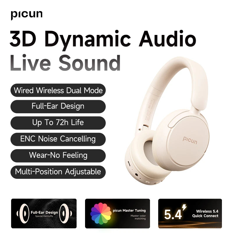 Picun B5 Wireless Headphones Bluetooth 5.4 HIFI Headset 40MM 3D Sound ENC HD Mic 72H Foldable Wired Headphone Dual Connection BT