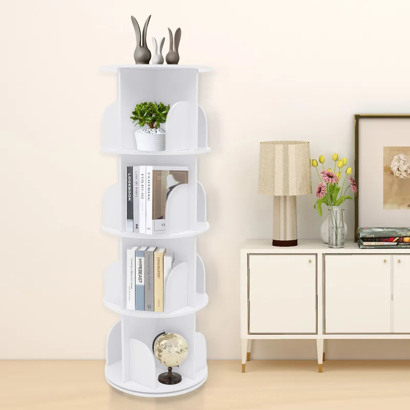 Wood White 4-layer Rotating Bookshelf Storage Display Rack Children Bookcases Bedroom Decoration Corner Shelf