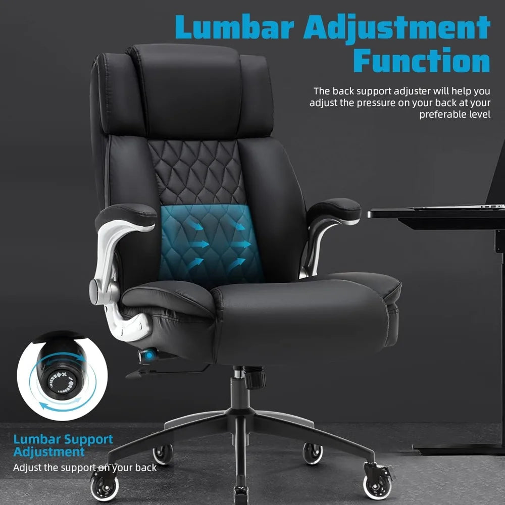 High Back Office Chair with Locking Wheels, Flip Arms Adjustable Lumbar Support, Ergonomic Synthetic Leather Computer Chair