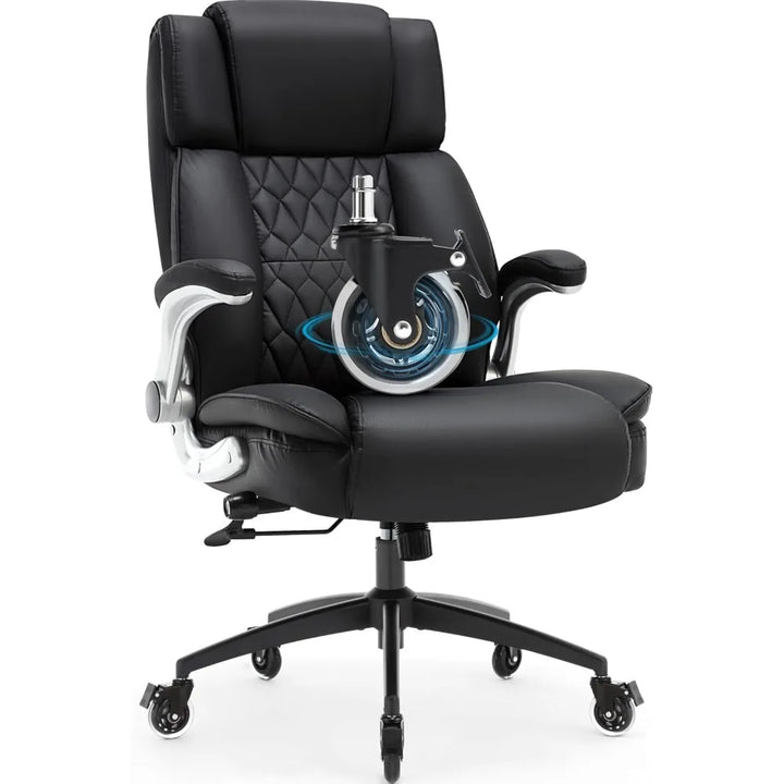 High Back Office Chair with Locking Wheels, Flip Arms Adjustable Lumbar Support, Ergonomic Synthetic Leather Computer Chair
