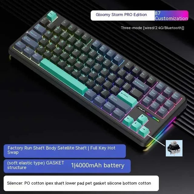 AULA F87Pro Mechanical Keyboard 2.4g/Usb/Bluetooth Tri Mode Wireless 87 Key 5 Layer Silencing Filling Suitable For Gaming+Typing