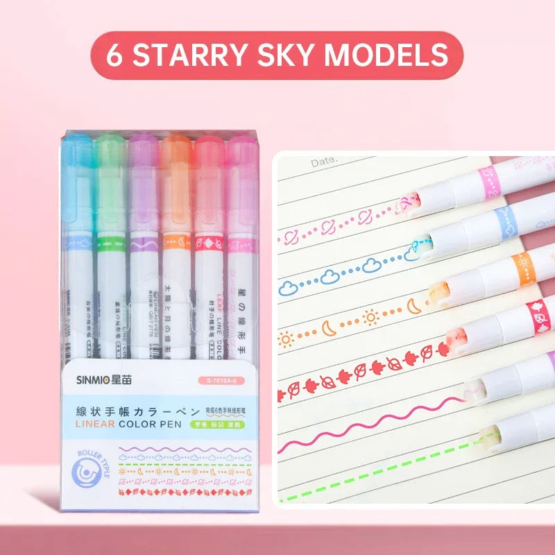 6Pcs/Set Flower Shape Outline Pens Highlighter Marker Curve Roller Tip Pen Cute Stationery Kawaii Graffiti School Acsesories