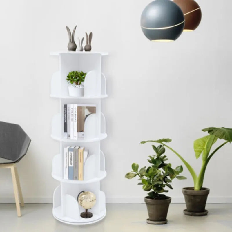 Wood White 4-layer Rotating Bookshelf Storage Display Rack Children Bookcases Bedroom Decoration Corner Shelf
