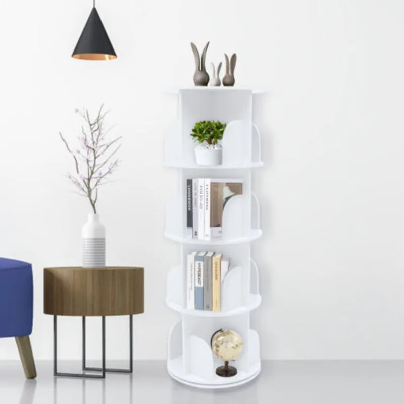 Wood White 4-layer Rotating Bookshelf Storage Display Rack Children Bookcases Bedroom Decoration Corner Shelf
