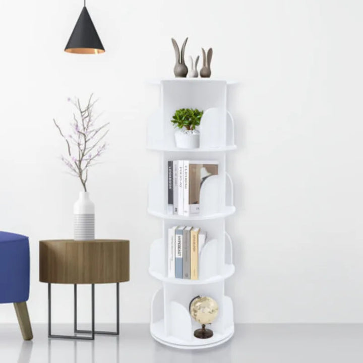 Wood White 4-layer Rotating Bookshelf Storage Display Rack Children Bookcases Bedroom Decoration Corner Shelf