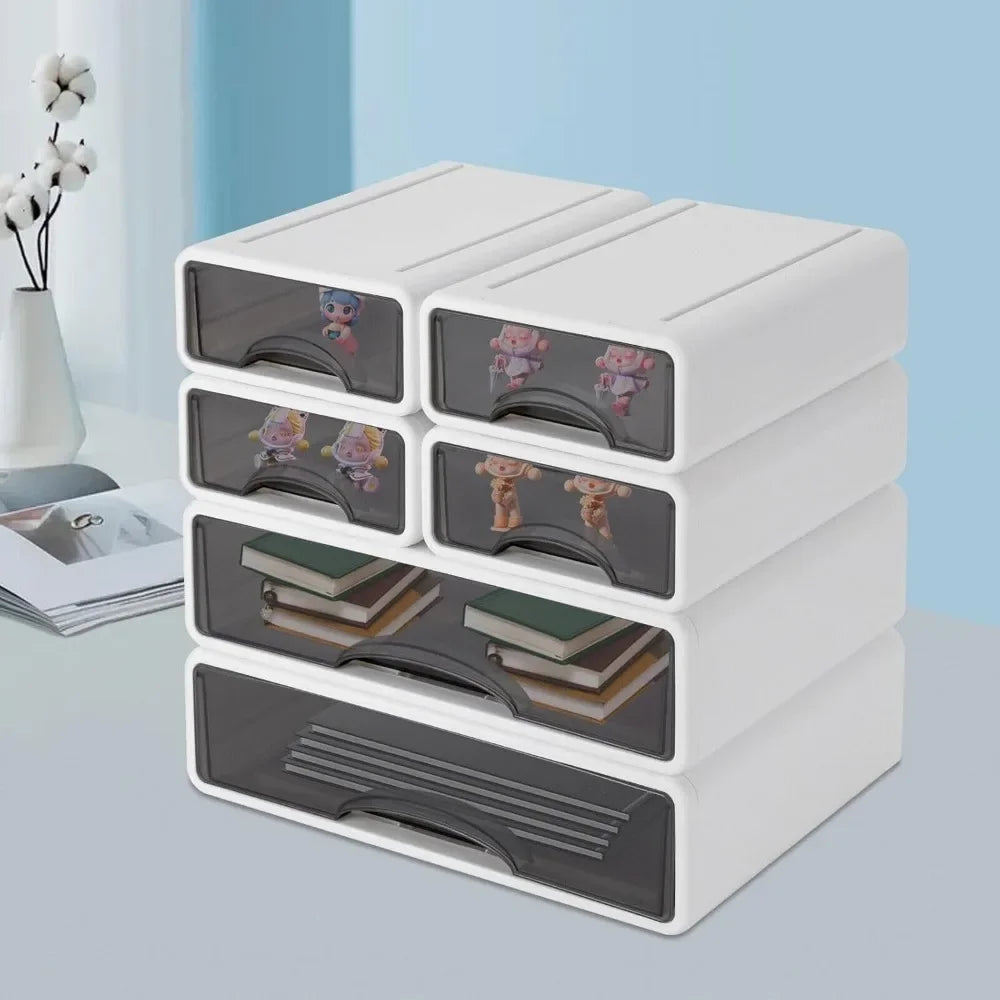6pcs Drawer Box Desk Organiser Drawers 2 Large + 4 Small Drawer Box Stackable for Makeup Jewellery Office Supplies Pens