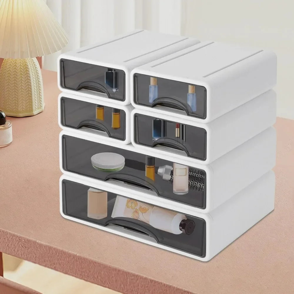 6pcs Drawer Box Desk Organiser Drawers 2 Large + 4 Small Drawer Box Stackable for Makeup Jewellery Office Supplies Pens