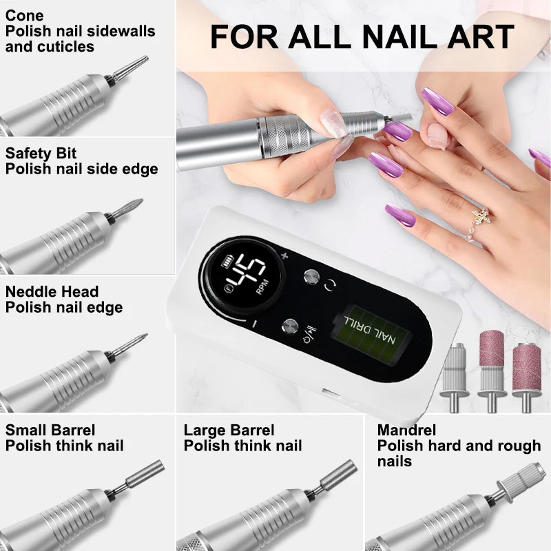Professional Electric Nail Drill Kit Portable Nail Drill Machine Rechargeable Low Noise Nail Sander File For Manicure Salon Tool