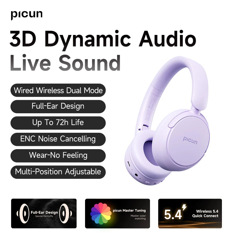 Picun B5 Wireless Headphones Bluetooth 5.4 HIFI Headset 40MM 3D Sound ENC HD Mic 72H Foldable Wired Headphone Dual Connection BT