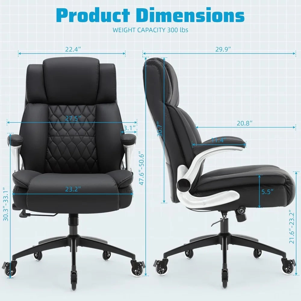 High Back Office Chair with Locking Wheels, Flip Arms Adjustable Lumbar Support, Ergonomic Synthetic Leather Computer Chair