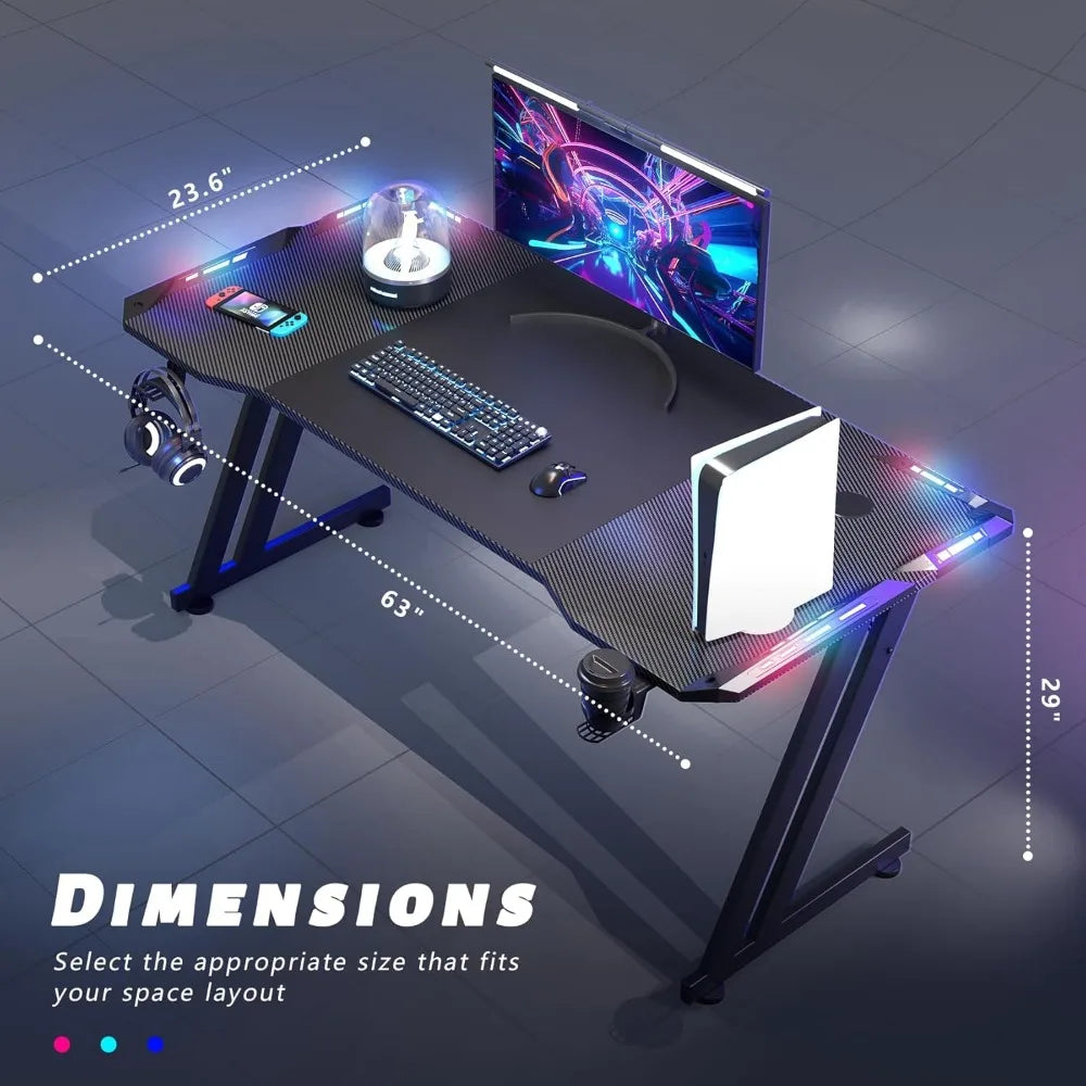 63 Inch Gaming Desk with LED Lights Carbon Fibre Surface Gaming Table Large Computer Desk Ergonomic Home Office Desks Z