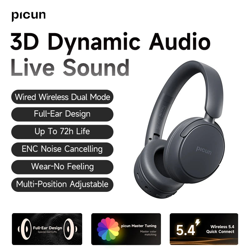 Picun B5 Wireless Headphones Bluetooth 5.4 HIFI Headset 40MM 3D Sound ENC HD Mic 72H Foldable Wired Headphone Dual Connection BT
