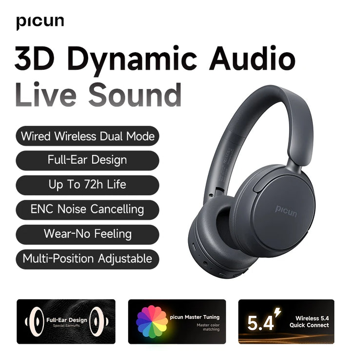 Picun B5 Wireless Headphones Bluetooth 5.4 HIFI Headset 40MM 3D Sound ENC HD Mic 72H Foldable Wired Headphone Dual Connection BT