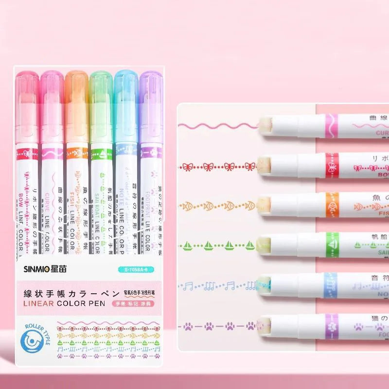 6Pcs/Set Flower Shape Outline Pens Highlighter Marker Curve Roller Tip Pen Cute Stationery Kawaii Graffiti School Acsesories