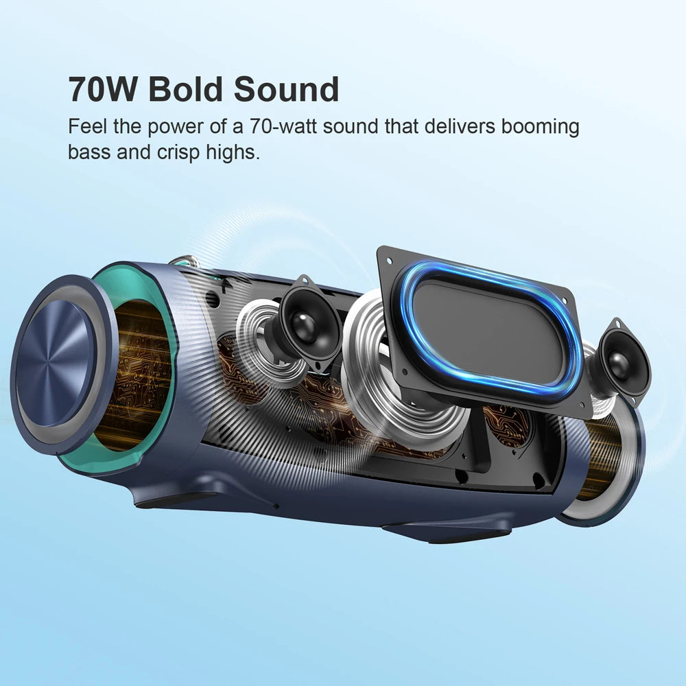 DOSS Portable Speaker Bluetooth 5.3 70W Bold Sound Bass 24H Playtime with LED Lights Power Bank IPX5 Waterproof Wireless Speaker