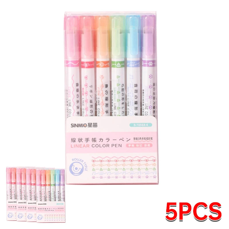6Pcs/Set Flower Shape Outline Pens Highlighter Marker Curve Roller Tip Pen Cute Stationery Kawaii Graffiti School Acsesories