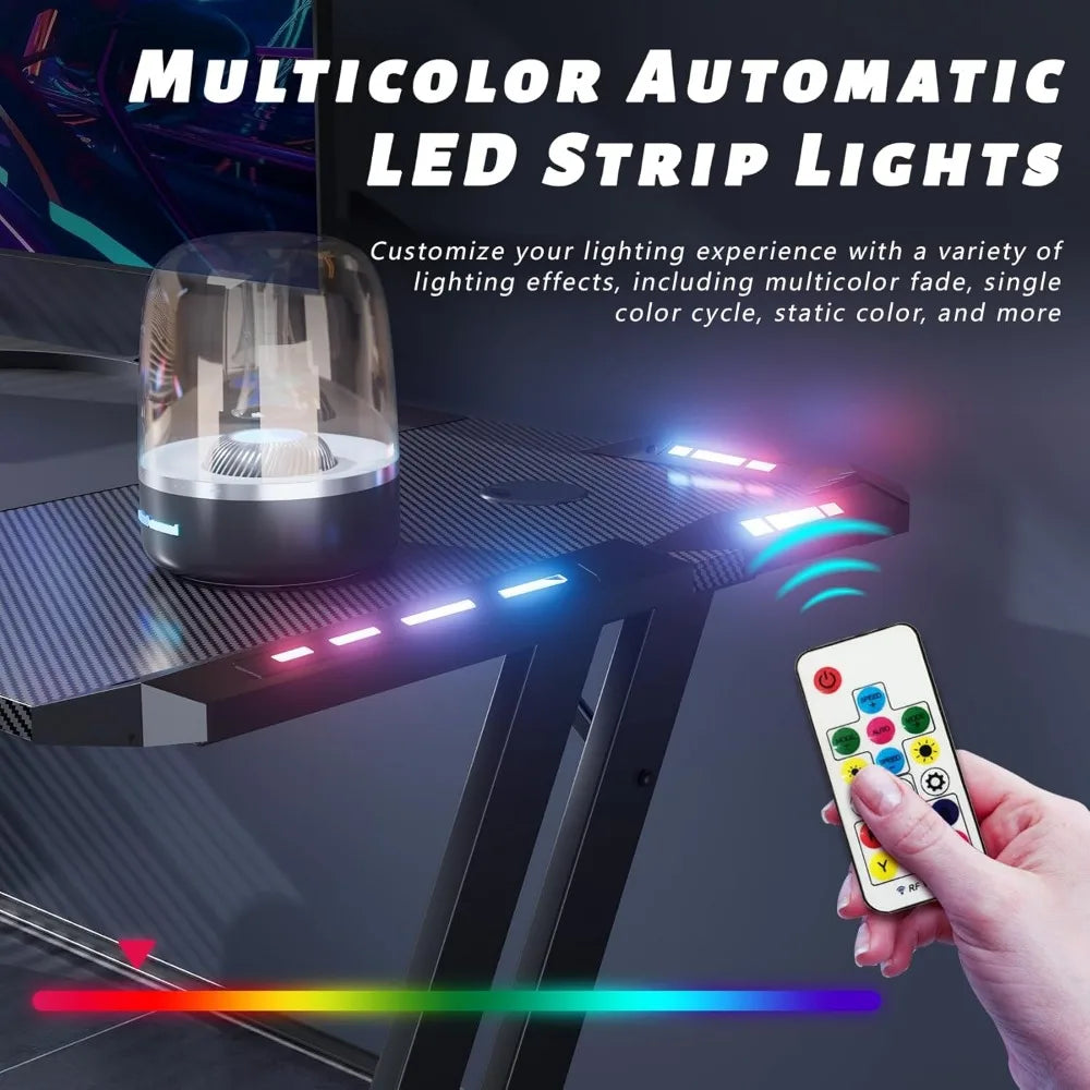 63 Inch Gaming Desk with LED Lights Carbon Fibre Surface Gaming Table Large Computer Desk Ergonomic Home Office Desks Z