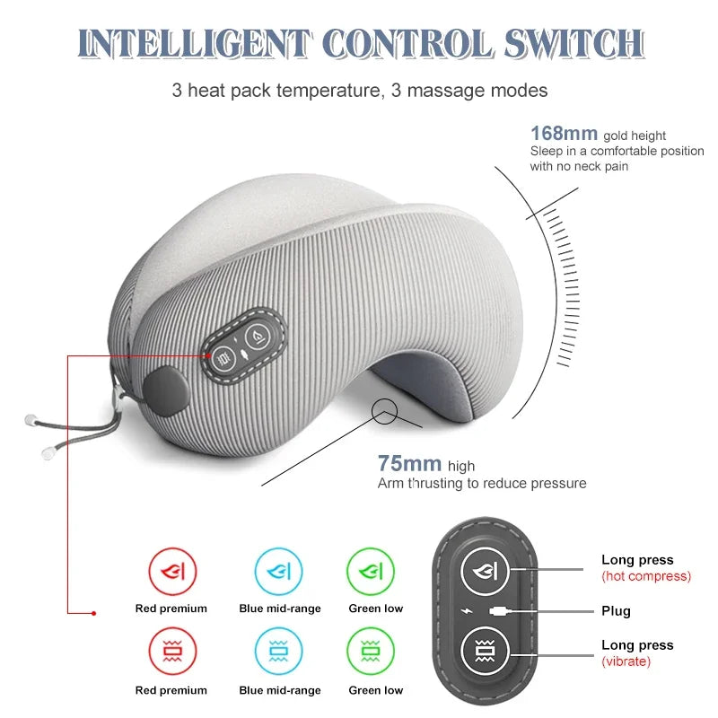 Portable Heated-Massage Neck Pillow Multifunction Memory Foam Ergonomic Soft Comfortable Neck Pillow for Home Travel Office Nap