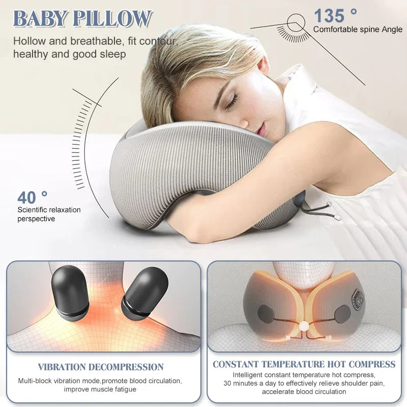 Portable Heated-Massage Neck Pillow Multifunction Memory Foam Ergonomic Soft Comfortable Neck Pillow for Home Travel Office Nap